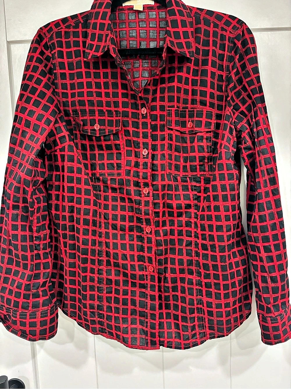 Michael Kors Checkered Cotton Button Down in Black & Red Large Like New